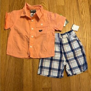 Boyz Wear Baby Boys Orange Button-Down Shirt and Plaid Shorts Set - 12 Months